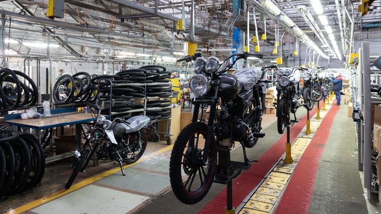 A motorcycle factory assembly line