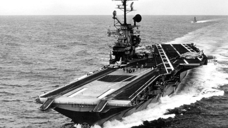 USS Intrepid in the South China Sea in black and white photo