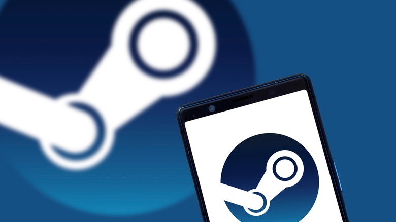 Steam logo in the background and on phone