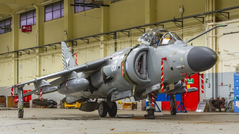 A Royal Navy Sea Harrier parked in a hangar