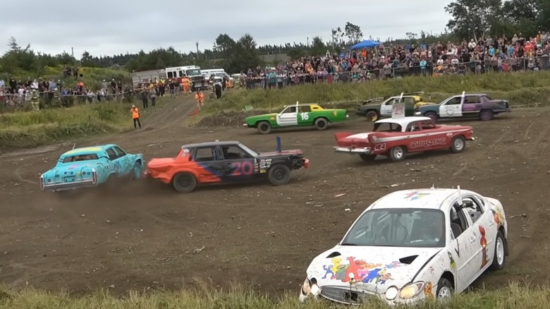 Demolition Derby In Progress With 7 Competitors