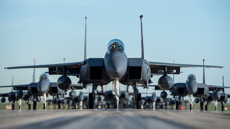 F-15 taxying with other F-15s