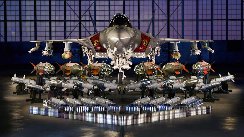 F-35 Lightning weapon load out on display at hangar