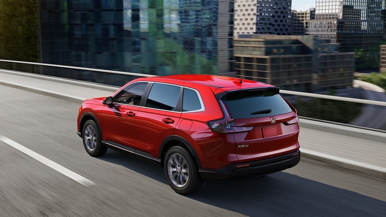 Rear quarter aerial view of red Honda CR-V