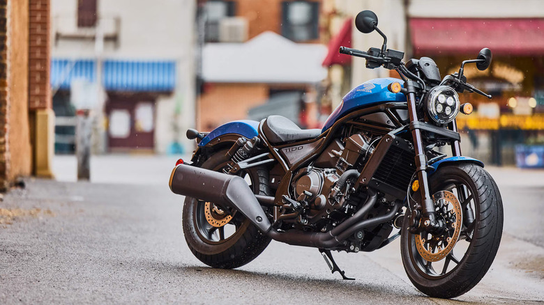 Blue 2024 Honda Rebel 1100 parked on tarmac