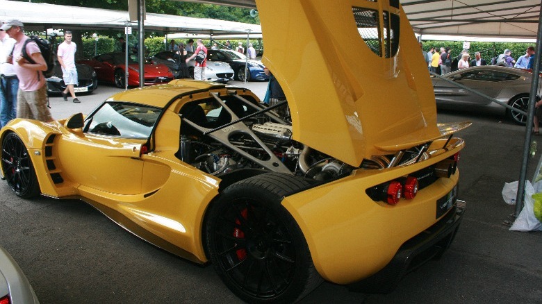 Yellow Hennessy Venom GT showing engine