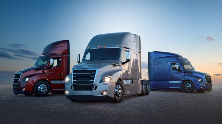 Three Freightliner Cascadia trucks