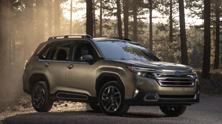 Gold 2025 Subaru Forester parked in forest