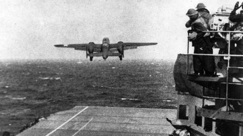 A B-25 bomber taking off from the USS Hornet