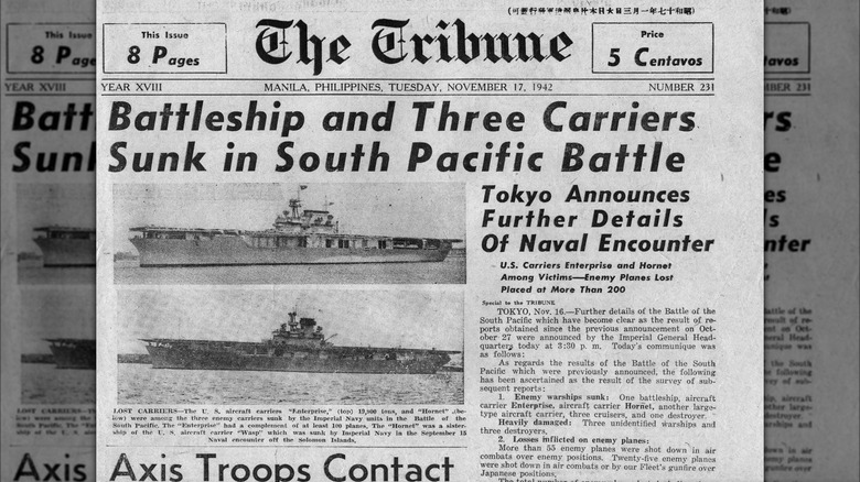 Front page of the Tribune with a headline "Battleship and Three Carriers Sunk in South Pacific"