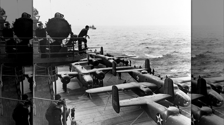 View of B-25 bombers on the deck of the USS Hornet aircraft carrier, April 1942.