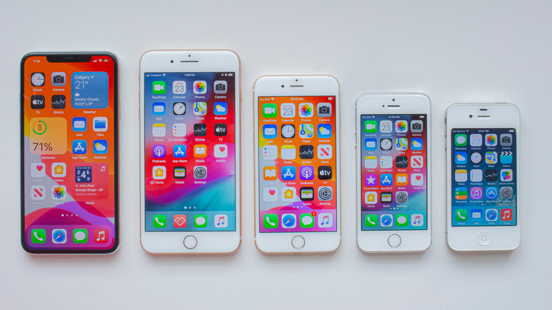 various iPhone models on white background