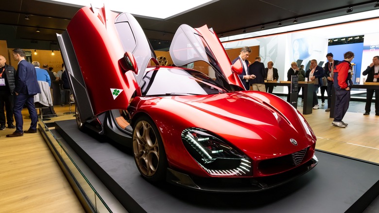 Alfa Romeo 33 Stradale sports car at the Paris Motor Show in October 2024.