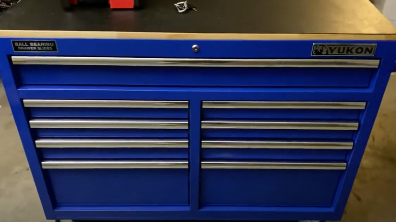 Close up of blue Yukon mobile storage cabinet