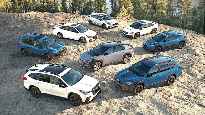 Various Subaru models parked top view