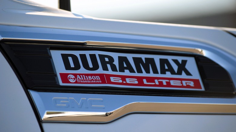 Duramax badge on side of vehicle