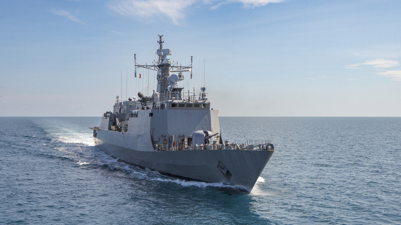 A U.S. Navy warship sailing the ocean