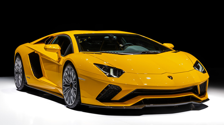 A Lamborghini Aventador at an auto show in 2017