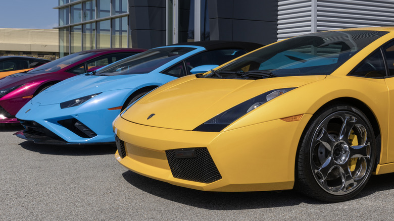 Lamborghini cars parked outside a dealership