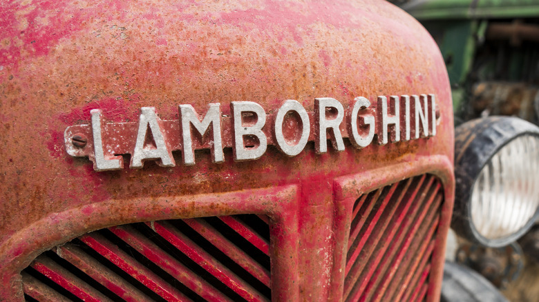 Lamborghini logo on the front of old tractor