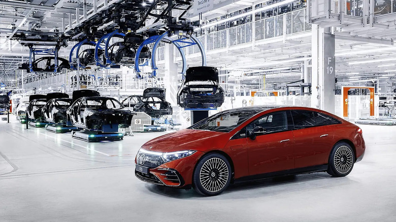 Red Mercedes-Benz EQS at end of assembly line