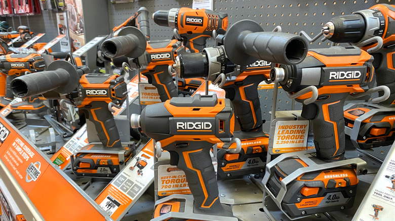 Ridgid tools on display at a store.