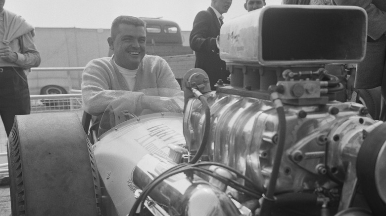 Racing legend Mickey Thompson in the driver's seat of a Ford-powered dragster in 1963.