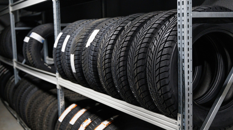 Car tires in a warehouse