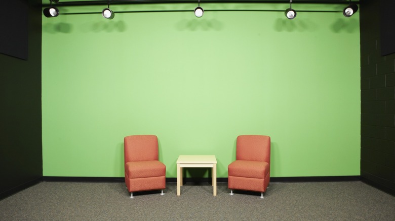 Large green screen on a filming set