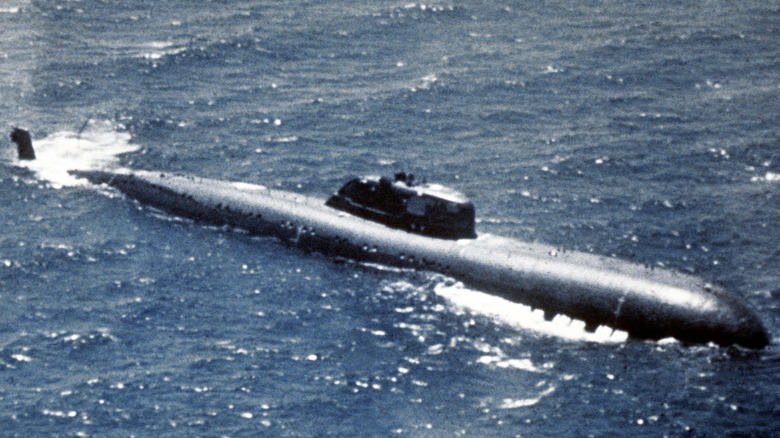 An aerial view of a Soviet Charlie I class nuclear-powered submarine.