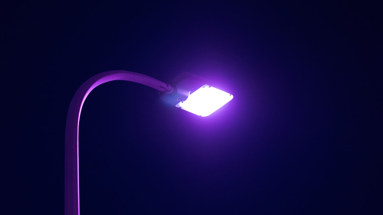 A purple street lamp lit at night.