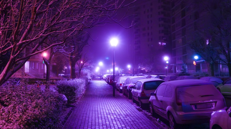 A street light giving off purple light