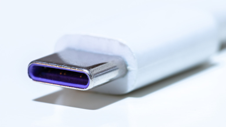 Close up of purple color USB C cable