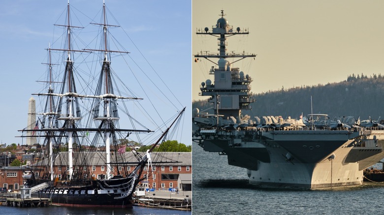 The USS Constitution docked in Boston and the USS Gerald R. Ford