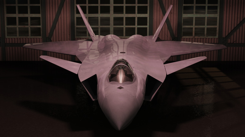 A 3D rendering of the J-20 stealth fighter in a hangar.