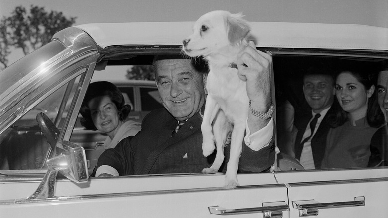 President Lyndon Johnson driving his car, with first lady Lady Bird Johnson in the passenger seat..