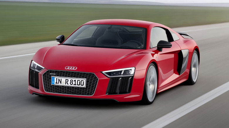 Second-gen Audi R8 front end driving on track