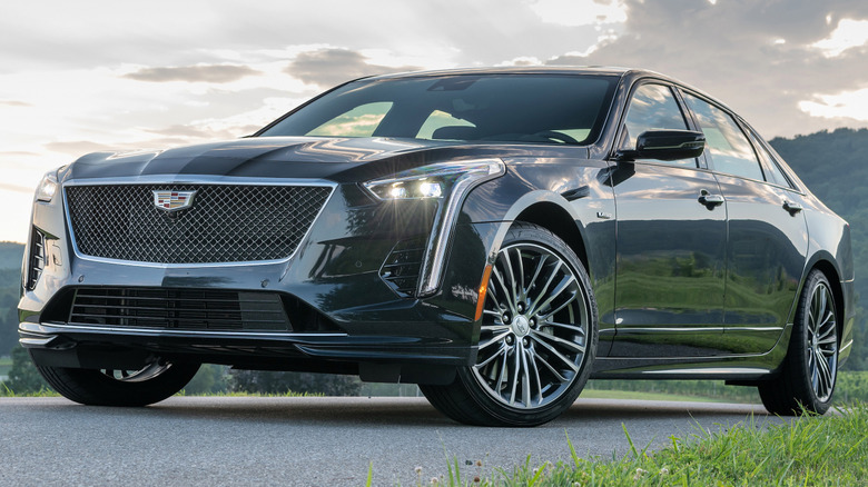 A black 2019-20 Cadillac CT6-V against a hilly background.