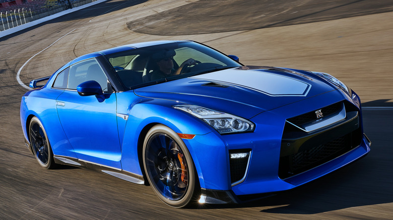 Front 3/4 view of blue 2020 Nissan GT-R