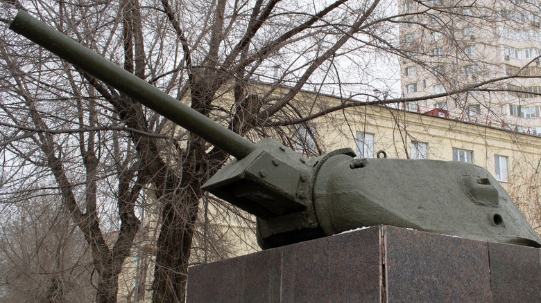 Mounted tank turret on display after World War II
