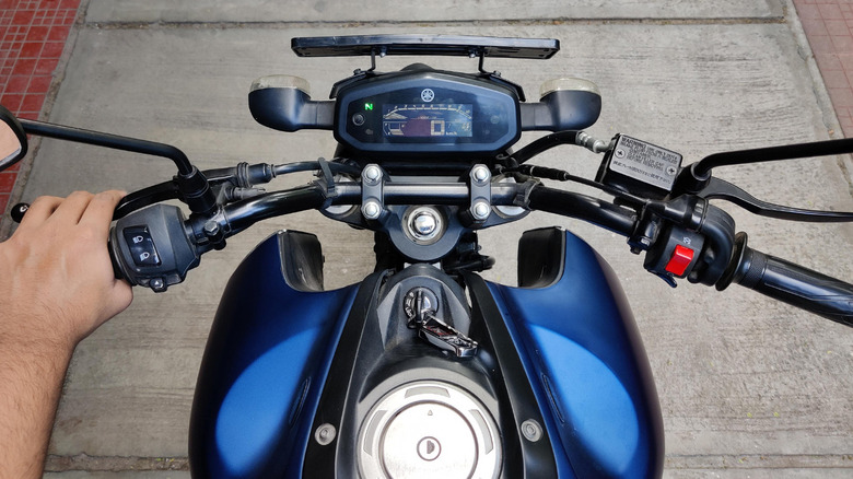 A top-down view of a blue Yamaha motorcycle