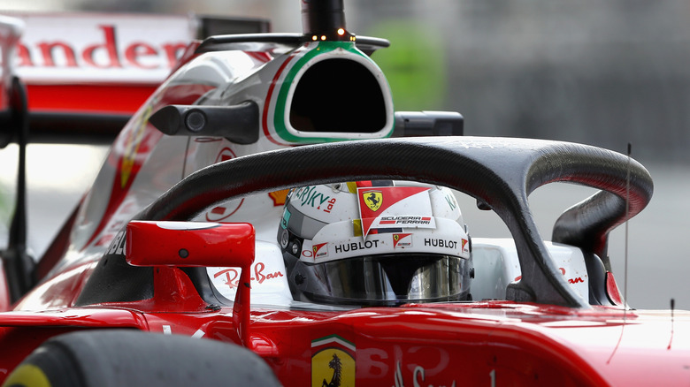 A halo device fitted to a Ferrari Formula One car.