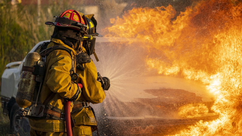 Two firefighters using a hose to put out a fire