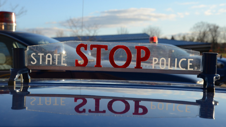 Hood mounted stop sign hailers Michigan State Police cars parked in front of the State Police Training Academy in Dimondale, Michigan on October 27, 2012