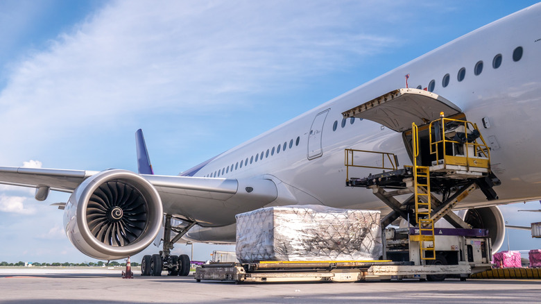 Carga de carga em um avião comercial