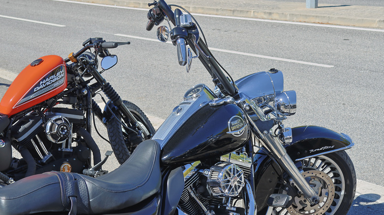 Two Harley-Davidson motorcycles parked on the side of the road