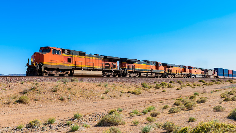 A train passing though the Mojave desert.