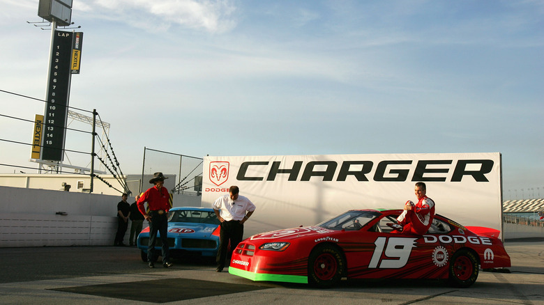 Jeremy Mayfield and Richard Petty press conference new 2005 Dodge Charger