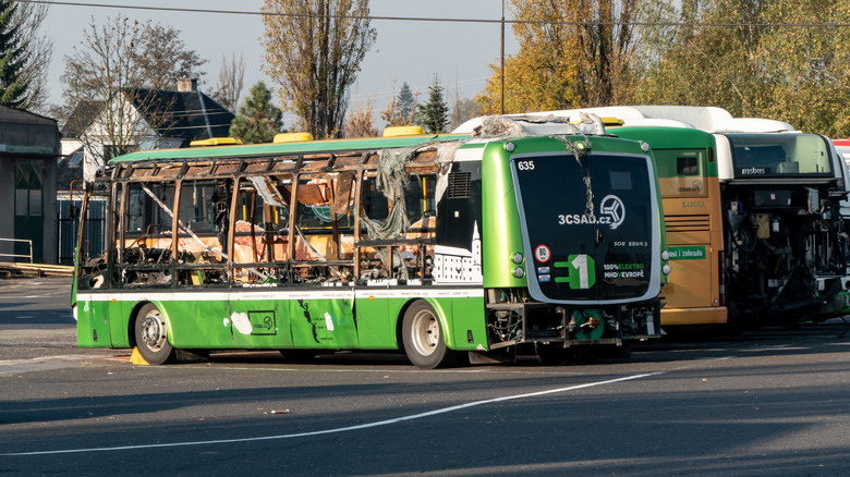 a burnt electric bus