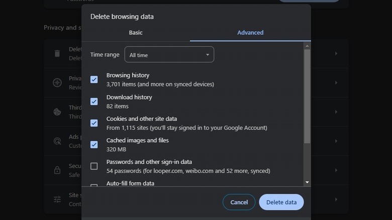 Delete browsing data options in Chrome